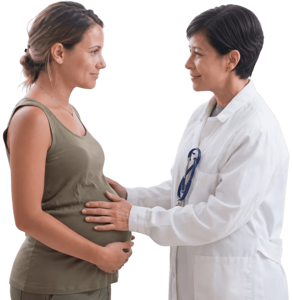 Pregnant woman in an olive tank top smiling at a provider in a white coat who rests her hands on the woman’s belly